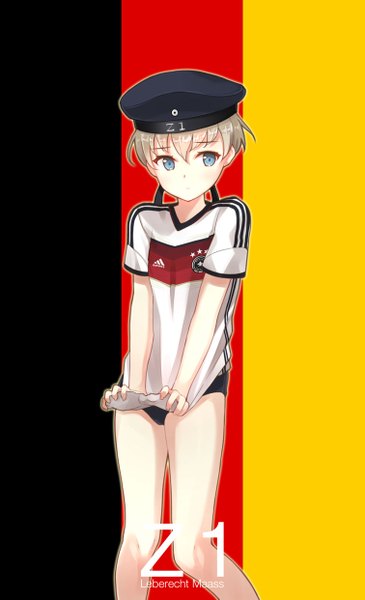 Anime picture 755x1241 with kantai collection z1 destroyer (leberecht maass) touyama eight single tall image looking at viewer blush short hair blue eyes grey hair character names clothes writing germany girl uniform beret t-shirt gym uniform cap buruma