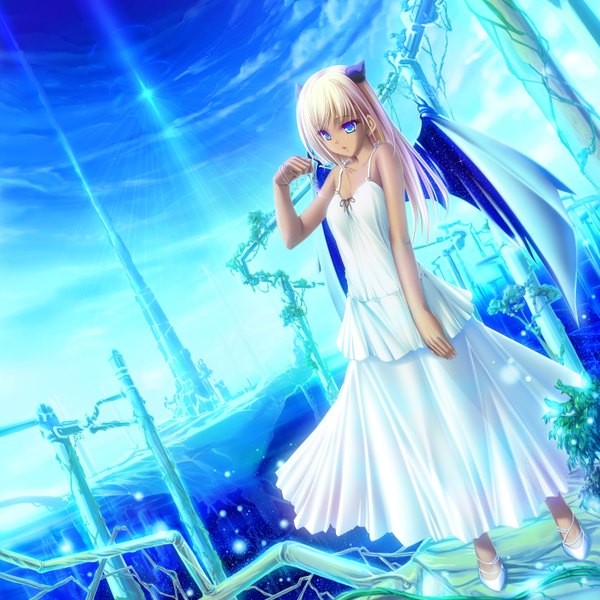 Anime picture 1400x1400 with original tenmaso single long hair blue eyes cloud (clouds) white hair girl hair ornament plant (plants) pendant sundress
