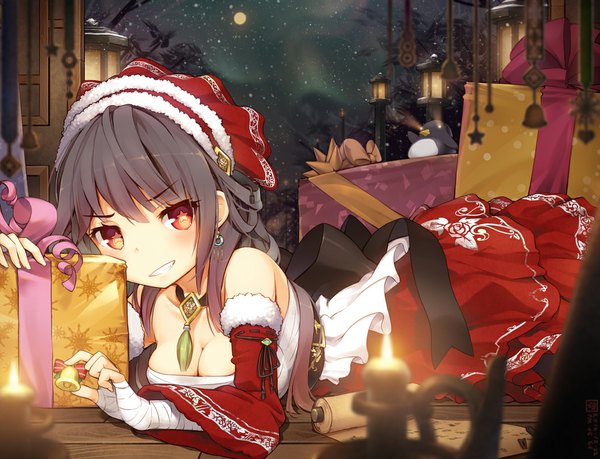 Anime picture 1056x809 with original jakoujika single long hair looking at viewer blush fringe breasts black hair smile red eyes bare shoulders holding cleavage lying fur trim grin symbol-shaped pupils christmas on stomach