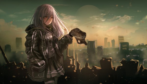 Anime picture 3500x2000 with original cotn7806 single long hair looking at viewer fringe highres hair between eyes wide image standing holding brown eyes outdoors grey hair open jacket hand in pocket hat removed headwear removed unzipped destruction