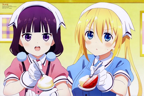 Anime picture 6111x4100 with blend s a-1 pictures sakuranomiya maika hinata kaho kimiya ryousuke long hair looking at viewer blush fringe highres open mouth blue eyes blonde hair hair between eyes twintails purple eyes multiple girls signed absurdres purple hair