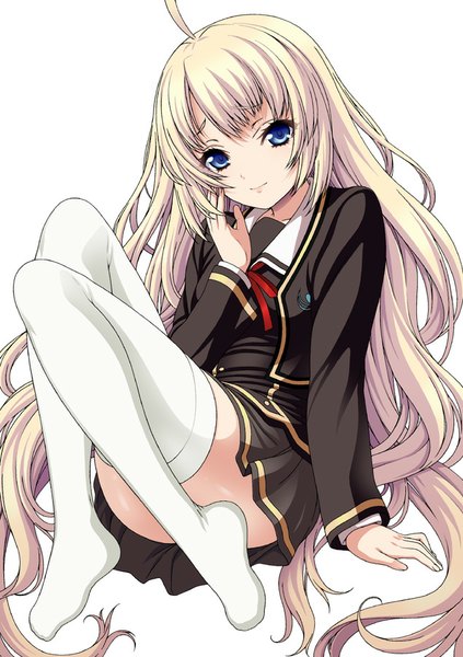 Anime picture 635x900 with getsuei gakuen: kou isse single long hair tall image looking at viewer fringe blue eyes simple background blonde hair white background sitting ahoge bent knee (knees) pleated skirt light smile no shoes zettai ryouiki girl thighhighs