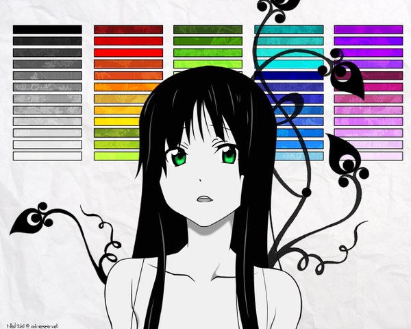 Anime picture 1280x1024 with k-on! kyoto animation akiyama mio single long hair open mouth black hair bare shoulders green eyes polychromatic high contrast girl