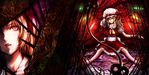 Anime picture 1200x605 with touhou flandre scarlet ueda metawo blonde hair red eyes wide image sitting girl skirt bow weapon wings headdress skirt set wire (wires) laevatein (touhou)