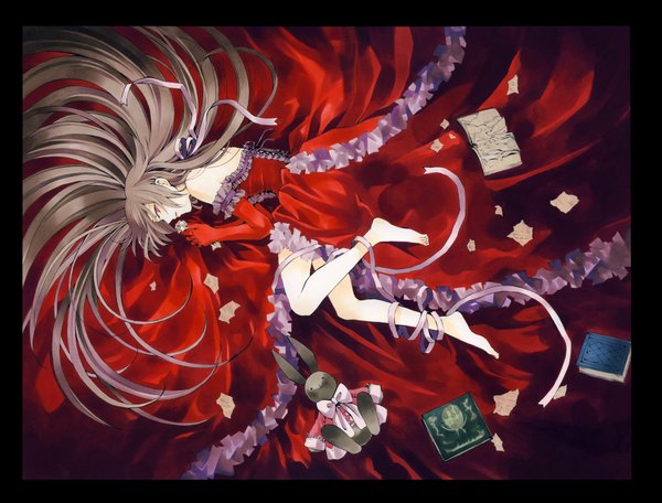 Anime picture 9093x6919 with pandora hearts xebec alice (pandora hearts) single long hair highres red eyes bare shoulders absurdres lying barefoot grey hair legs girl dress ribbon (ribbons) book (books) toy stuffed animal bunny