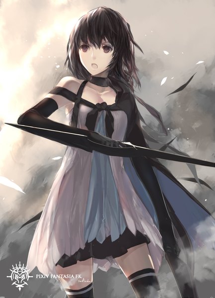 Anime picture 1637x2267 with original pixiv fantasia pixiv fantasia fallen kings paradise (character) swd3e2 single long hair tall image open mouth black hair purple eyes signed looking away sky cloud (clouds) logo girl thighhighs dress gloves