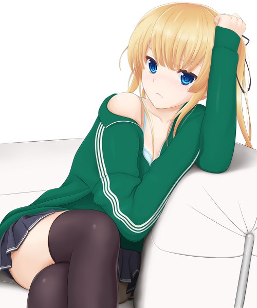 Anime picture 1001x1200 with saenai heroine no sodatekata a-1 pictures sawamura spencer eriri suzuki71 single long hair tall image looking at viewer blue eyes blonde hair white background twintails girl thighhighs skirt black thighhighs miniskirt lingerie bra