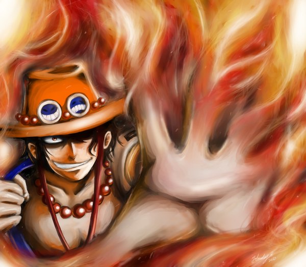 Anime picture 1400x1225 with one piece toei animation portgas d. ace johnalay (artist) single short hair smile brown hair brown eyes grin foreshortening shirtless boy hat beads fire hands