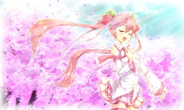 Anime picture 1200x720 with vocaloid hatsune miku sakura miku yukinon (tsuki koubou) single long hair open mouth wide image twintails pink hair eyes closed cherry blossoms girl skirt detached sleeves miniskirt petals necktie food berry (berries)