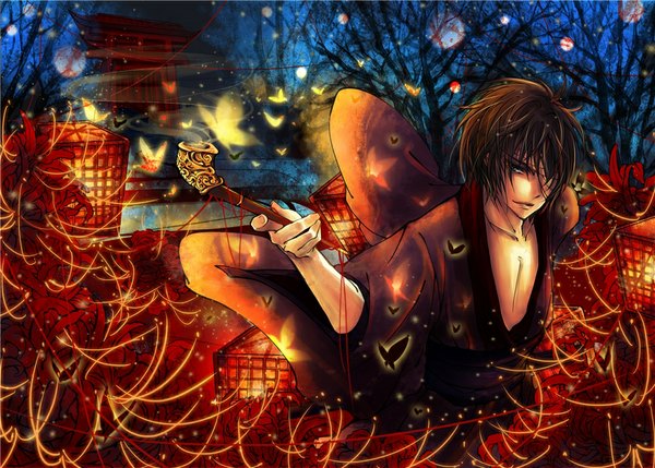 Anime picture 1000x715 with gintama sunrise (studio) takasugi shinsuke jellyfishome single looking at viewer short hair black hair smile green eyes japanese clothes wet boy flower (flowers) plant (plants) tree (trees) kimono insect butterfly bubble (bubbles)
