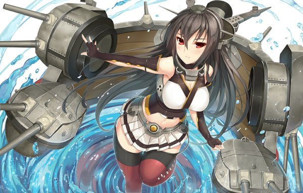 Anime picture 1000x637 with kantai collection nagato battleship akizone long hair looking at viewer blush black hair red eyes midriff girl thighhighs gloves hair ornament weapon miniskirt water fingerless gloves bubble (bubbles)