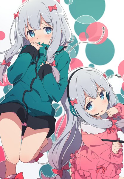 Anime picture 700x1010 with eromanga sensei a-1 pictures izumi sagiri ogipote long hair tall image looking at viewer fringe blue eyes light erotic simple background bent knee (knees) parted lips grey hair bare legs sleeves past wrists low ponytail covered mouth jumping dual persona