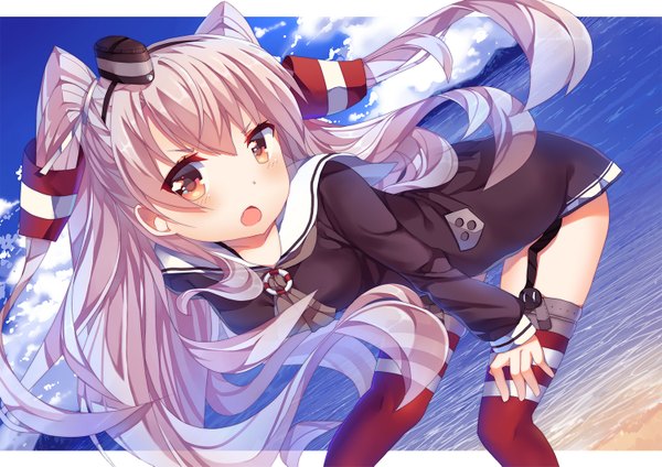 Anime-Bild 1500x1061 mit kantai collection amatsukaze destroyer ureshiijelek single long hair looking at viewer blush fringe open mouth red eyes sky silver hair cloud (clouds) two side up girl thighhighs hat sea mini hat mini top hat