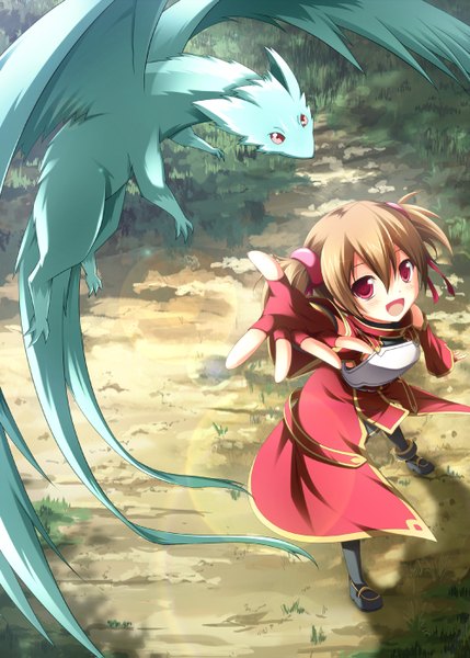 Anime picture 1000x1399 with sword art online a-1 pictures silica pina (sao) tsuda akira tall image blush short hair open mouth red eyes brown hair twintails short twintails girl ribbon (ribbons) hair ribbon detached sleeves fingerless gloves dragon