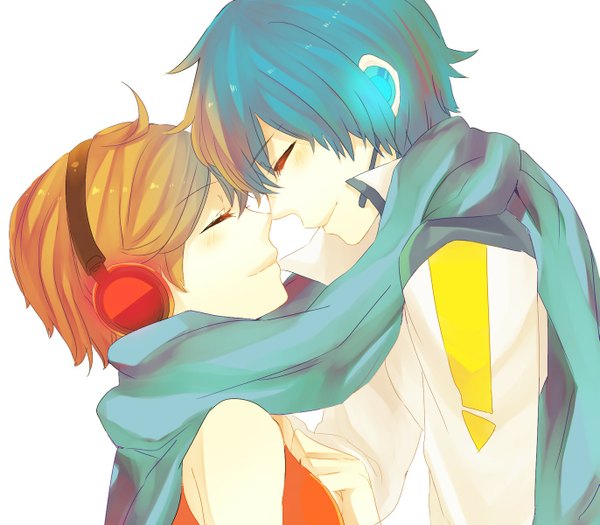 Anime picture 1371x1200 with vocaloid kaito (vocaloid) meiko kyama short hair simple background smile white background blue hair eyes closed profile orange hair couple face to face ^ ^ shared scarf girl boy headphones scarf