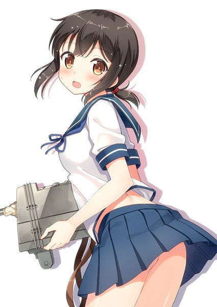 Anime picture 800x1130 with kantai collection fubuki destroyer hyuuga azuri single tall image looking at viewer blush short hair light erotic black hair simple background white background brown eyes ass ponytail pleated skirt no panties girl skirt weapon
