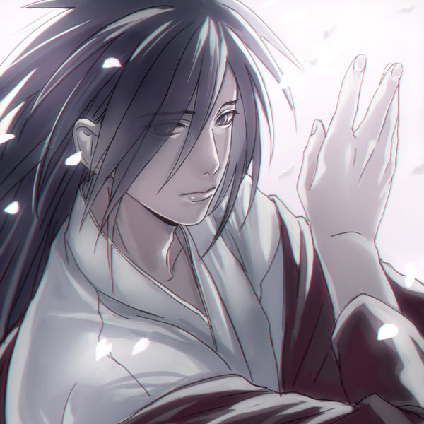 Anime picture 800x800 with naruto studio pierrot naruto (series) uchiha madara itouri h single long hair fringe hair between eyes looking away traditional clothes japanese clothes hair over one eye portrait expressionless boy petals kimono