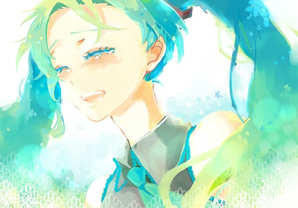 Anime picture 1000x700 with vocaloid hatsune miku popoin single long hair blush open mouth twintails bare shoulders eyes closed very long hair aqua hair tears crying girl necktie