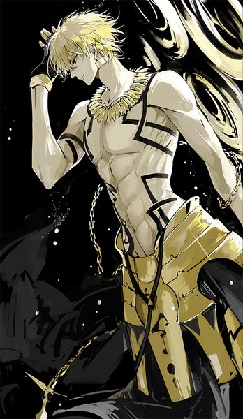 Anime picture 580x1000 with fate (series) fate/zero fate/hollow ataraxia gilgamesh (fate) zmore single tall image fringe short hair blonde hair red eyes looking away profile tattoo black background topless muscle abs boy gloves