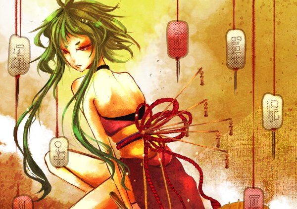 Anime picture 1200x846 with zuzumoo (artist) single long hair red eyes japanese clothes looking back green hair back girl belt