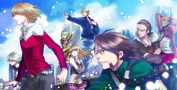 Anime picture 1465x750 with tiger & bunny sunrise (studio) kaburagi t. kotetsu barnaby brooks jr. ivan karelin keith goodman karina lyle pao-lin huang antonio lopez nathan seymour yukihiro utako long hair short hair open mouth blue eyes brown hair wide image purple eyes multiple girls brown eyes