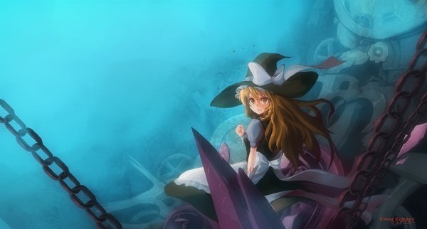 Anime picture 1382x743 with touhou kirisame marisa clearechoes single long hair blonde hair wide image yellow eyes looking back girl dress bow chain witch hat