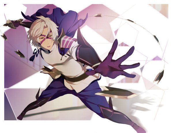 Anime picture 1300x1000 with sengoku basara production i.g takenaka hanbei an (artist) single short hair open mouth purple eyes grey hair outstretched hand boy gloves weapon armor mask whip