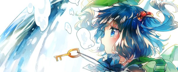 Anime picture 850x348 with touhou kawashiro nitori namie-kun single blush short hair open mouth blue eyes wide image blue hair profile two side up underwater girl hair ornament bubble (bubbles) hair tie backpack flat cap hair bobbles