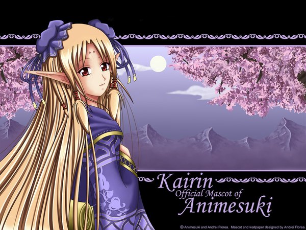 Anime picture 1024x768 with kairin single long hair blonde hair red eyes elf girl plant (plants) tree (trees) moon andrei florea animesuki