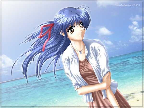 Anime picture 1024x768 with long hair brown eyes blue hair ponytail dutch angle beach jewelry necklace r (azmr)
