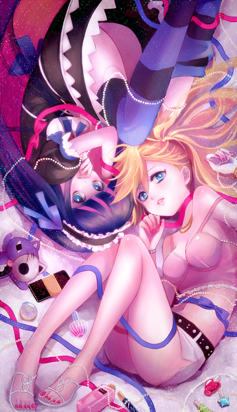 Anime picture 950x1650 with panty & stocking with garterbelt anarchy stocking anarchy panty honekoneko siropoo long hair tall image looking at viewer blue eyes light erotic blonde hair multiple girls purple hair ass multicolored hair two-tone hair colored inner hair girl thighhighs dress