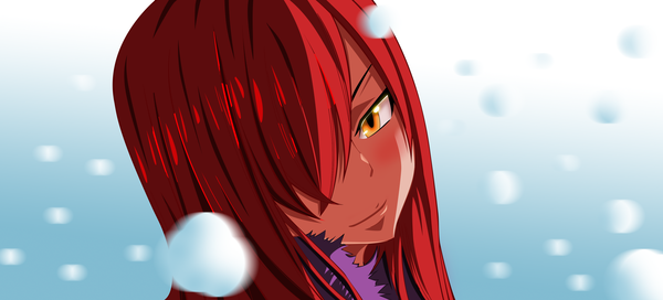 Anime picture 3472x1576 with fairy tail erza scarlet mansour-s single long hair fringe highres smile wide image yellow eyes red hair hair over one eye coloring snowing close-up snow face girl fur