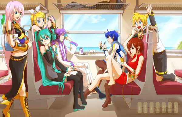 Anime picture 1250x800 with vocaloid hatsune miku megurine luka kagamine rin kagamine len kaito (vocaloid) meiko kamui gakupo momopanda long hair blush short hair open mouth blue eyes blonde hair smile brown hair sitting twintails bare shoulders