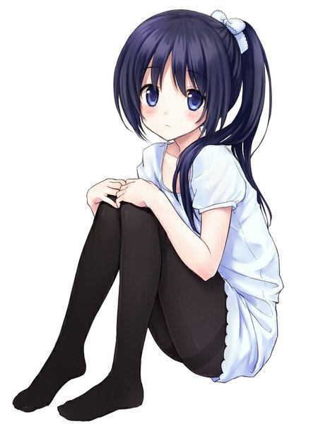 Anime picture 600x800 with original rimo single long hair tall image looking at viewer blush fringe blue eyes simple background white background sitting blue hair ponytail no shoes girl pantyhose