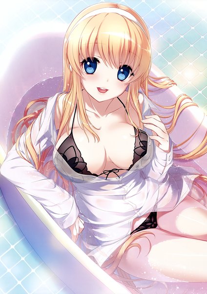 Anime picture 2472x3496 with shirahane nao single long hair tall image looking at viewer blush highres open mouth blue eyes light erotic blonde hair girl underwear panties shirt lingerie bra
