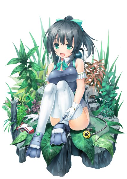Anime picture 944x1330 with original kokage (prisoner-67) single tall image looking at viewer blush short hair open mouth black hair simple background white background bare shoulders green eyes girl thighhighs dress gloves bow hair bow white thighhighs