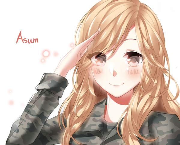 Anime picture 1062x860 with asum single long hair looking at viewer blush simple background blonde hair smile white background grey eyes salute girl uniform military uniform