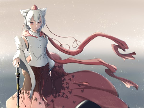 Anime picture 1600x1200 with touhou inubashiri momiji momiji momiji single long hair looking at viewer fringe red eyes standing animal ears white hair tail long sleeves animal tail wind wide sleeves sheathed wolf ears wolf tail girl