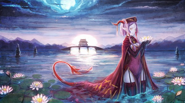 Anime picture 1600x900 with original pixiv fantasia ryuuzaki ichi single breasts light erotic smile wide image pink hair cleavage tail horn (horns) tattoo partially submerged demon girl pale skin architecture east asian architecture girl thighhighs