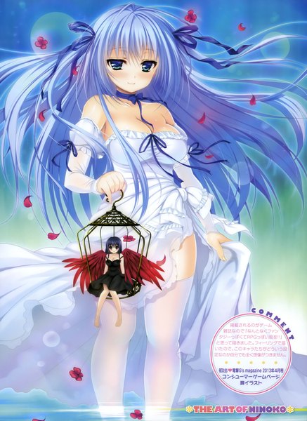 Anime picture 2888x3958 with ninoko long hair tall image looking at viewer blush highres blue eyes black hair bare shoulders multiple girls blue hair scan girl thighhighs dress ribbon (ribbons) 2 girls hair ribbon detached sleeves petals