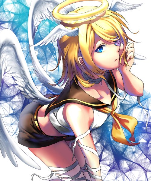 Anime picture 1000x1200 with vocaloid kagamine rin sakou ryou single tall image looking at viewer short hair open mouth blue eyes blonde hair bent knee (knees) leaning leaning forward adjusting hair angel wings head wings white wings girl wings halo