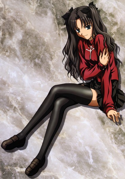 Anime picture 1752x2500 with fate (series) fate/stay night studio deen type-moon toosaka rin long hair tall image highres blue eyes black hair sitting twintails girl thighhighs black thighhighs miniskirt sweater