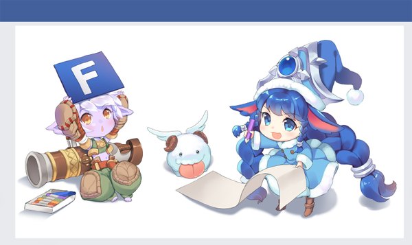 Anime picture 1500x893 with league of legends facebook lulu (league of legends) poro (league of legends) tristana (league of legends) dakun87 (artist) fringe short hair open mouth blue eyes simple background wide image white background multiple girls brown eyes blue hair silver hair very long hair horn (horns) pointy ears