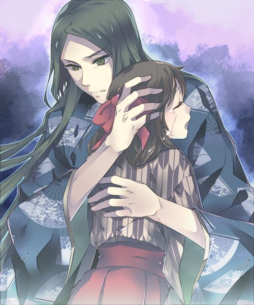 Anime picture 1000x1200 with meiji tokyo renka ayazuki mei fujita gorou logi (logica+physica) long hair tall image short hair open mouth brown hair brown eyes eyes closed traditional clothes japanese clothes wind hug tears looking down crying yagasuri girl