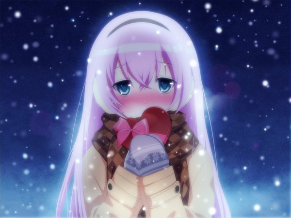 Anime picture 1600x1200 with vocaloid megurine luka yunca single long hair looking at viewer blush fringe blue eyes hair between eyes pink hair snowing winter valentine rhombus girl heart scarf gift mittens