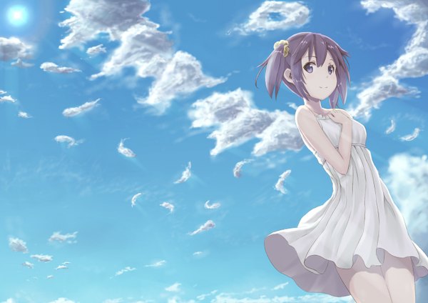 Anime picture 1414x1000 with original momo no kanzume single short hair black hair purple eyes twintails sky cloud (clouds) light smile short twintails girl sundress