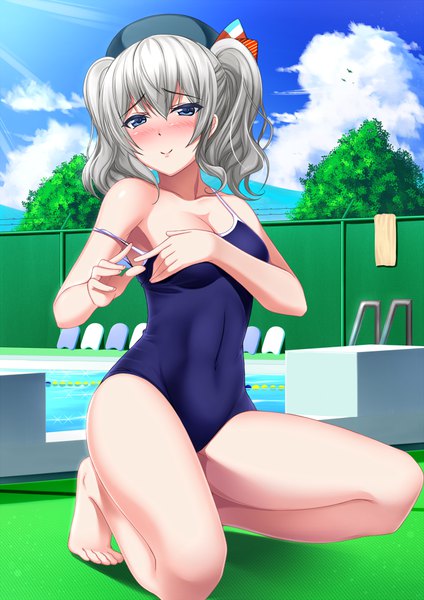 Anime picture 723x1023 with kantai collection kashima training cruiser shibata rai single long hair tall image looking at viewer blush breasts blue eyes light erotic smile twintails sky silver hair cloud (clouds) bare legs girl swimsuit one-piece swimsuit