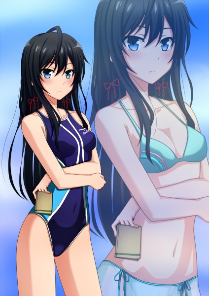 Anime picture 848x1200 with yahari ore no seishun love comedy wa machigatteiru. brains base (studio) yukinoshita yukino kenken long hair tall image looking at viewer blush blue eyes light erotic black hair zoom layer girl swimsuit bikini book (books)