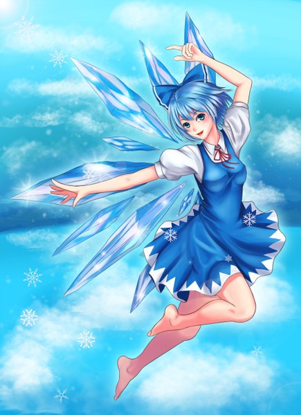 Anime picture 1930x2657 with touhou cirno ytoy single tall image looking at viewer highres short hair blue eyes blue hair cloud (clouds) barefoot girl dress bow hair bow wings ice