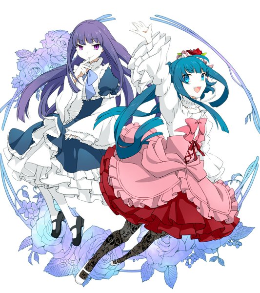 Anime picture 1029x1159 with umineko no naku koro ni frederica bernkastel furudo erika long hair tall image looking at viewer open mouth simple background smile white background purple eyes multiple girls purple hair hair flower aqua eyes aqua hair finger to mouth spread arms girl dress
